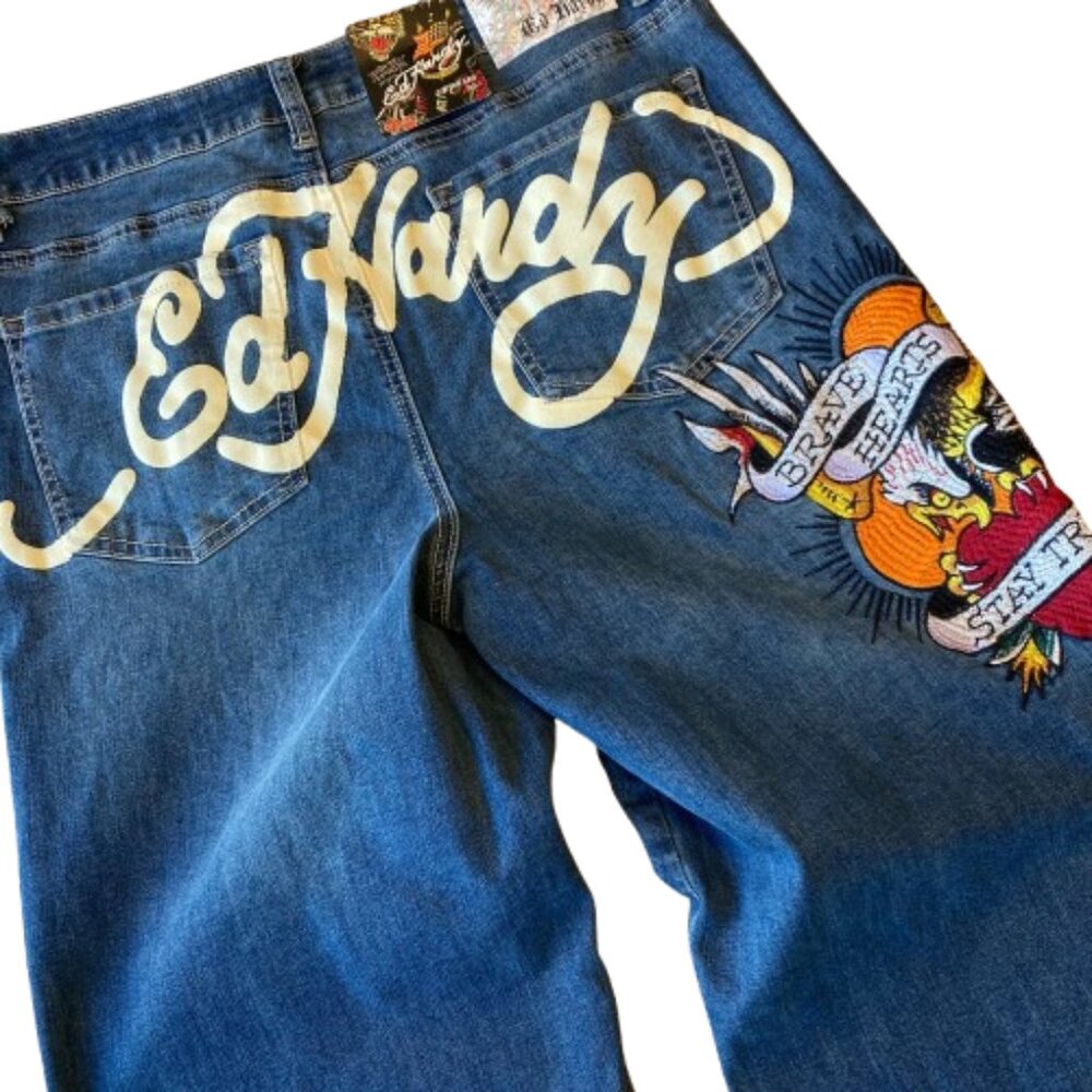 NWT Womens Ed Hardy Wide Leg Jeans 32 Brave Hearts Stay True Eagle Y2K Denim